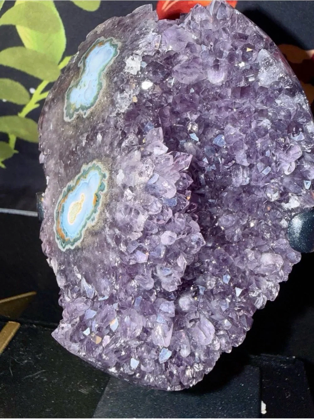 Large Sparkly Uruguayan Amethyst Stalactite Druzy Geode Freeform on Metal Stand